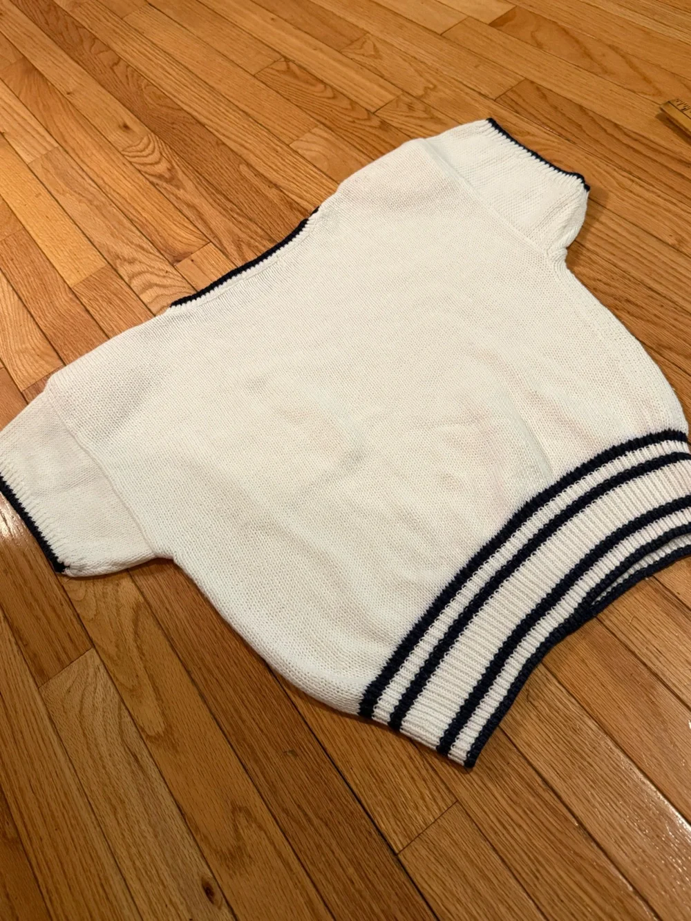 White Short Sleeve Knit Top with Navy Trim Gold Button Detail yacht club coastal - Picture 5 of 7